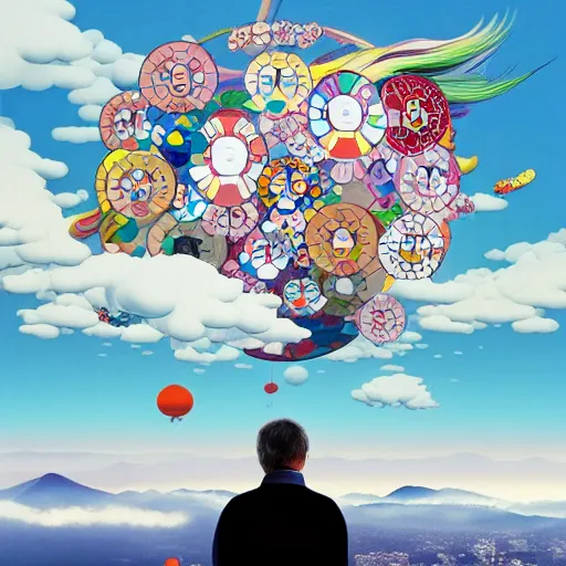 Image similar to a man walking on clouds away from the camera above kyoto by takashi murakami, beeple and james jean, aya takano color style, 4 k, super detailed, modern, 4 k, symmetrical