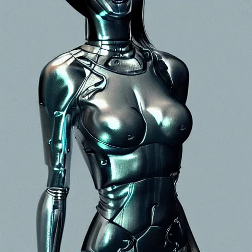 Prompt: a metallic woman with chrome skin!! very cybernetic and highly detailed, in the style of vitaly bulgarov, nanogirl!! nanogirl v 2!! zbrushcentral, pinterest, deviantart, artstation