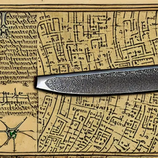 Image similar to a sword blade engraved with a medieval map design