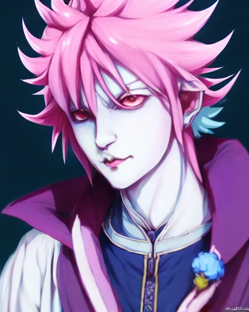 Image similar to extremely attractive soft feminine male as a jester anime character screenshot, nagito komaeda and hisoka jester, anime feminine male fool, intricate, sharp focus, illustration, highly detailed, digital painting, cell shaded, concept art, matte, art by ilya kuvshinov and kyoto animation and wlop, ruan jia, greg rutkowski, studio quality