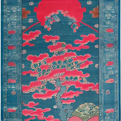 Image similar to A blue colored Japanese ukiyo-e rug with a Persian rug edge.,with soft pink colors