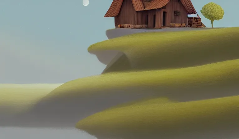 Prompt: A serene landscape with a singular building in the style of Pixar