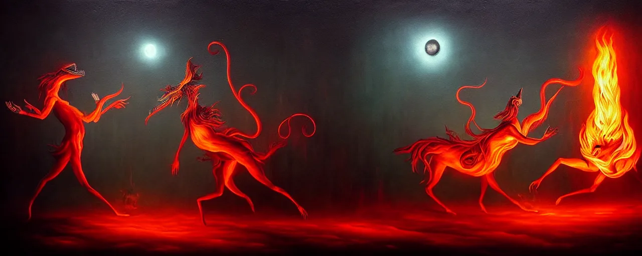 Image similar to whimsical fiery alchemical creatures, surreal dark uncanny painting by ronny khalil