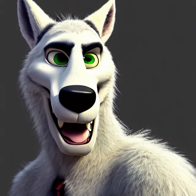 Prompt: portrait headshot of a handsome male white skull - wolf in the style of zootopia. pixar, fur volumetric lighting, subsurface scattering, hyperrealistic, octane render, hyperdetailed