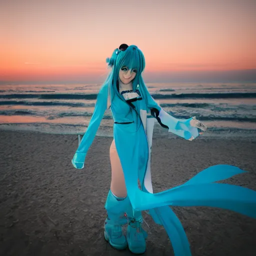 Image similar to photo of hatsune miku cosplayer takes a walk on late evening beach, f 2,4