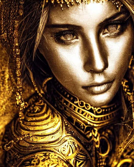 Image similar to ink painting portrait of woman in shining golden armor, high production value, intricate details, high resolution, hdr, high definition, masterpiece, realistic, ultrarealistic, highly detailed, hd, sharp focus, non blurry, sharp, smooth