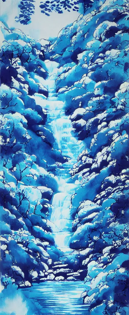 Prompt: an endless waterfall, blue colour splash, painted with a thick brush, detailed sumi-e illustration