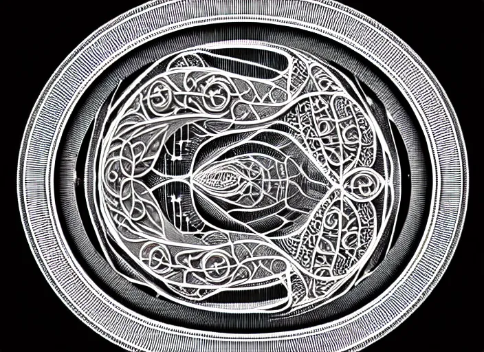 Image similar to symmetry! human fetus, intricate, filigree!, frosted, elegant, highly detailed, concept art, smooth, sharp focus, lineart, illustration, 3 d occlusion, penned with black on white on gray, 8 k