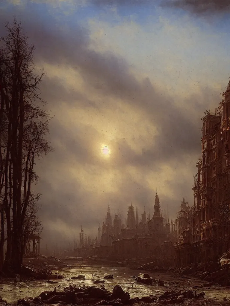 Image similar to post apocalyptic city by ivan shishkin and aivazovsky, oil on canvas, highly detailed, masterpiece