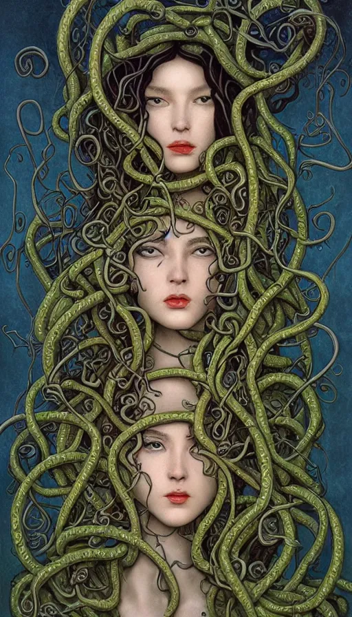 Prompt: very detailed portrait of a 2 0 years old girl surrounded by tentacles, the youg woman visage is blooming from fractal and vines, by gerald brom,