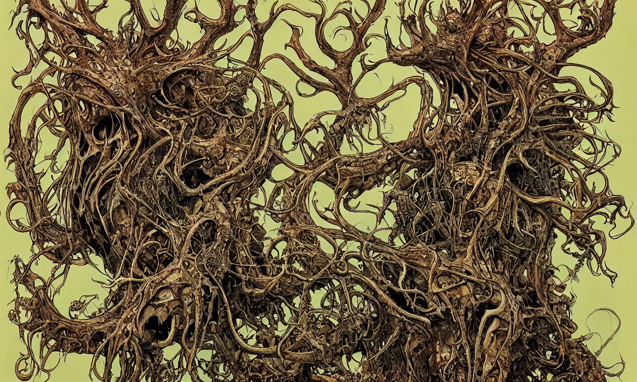 Image similar to hyperdetailed art nouveau portrait of treebeard as a cthulhu eyeball skull dragon chimera, by geof darrow, simon bisley and bill sienkiewicz, grim yet sparkling atmosphere, photorealism, claws, skeleton, antlers, fangs, forest, wild, crazy, horror, lynn varley, lovern kindzierski, steve oliff