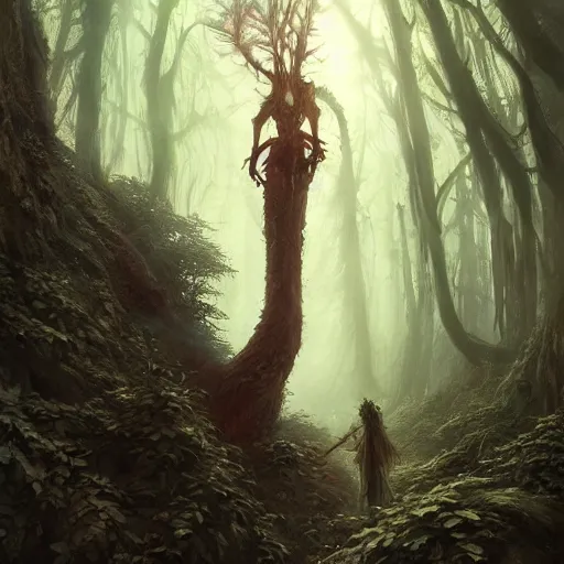 Image similar to highly detailed creepy forest humanoide creature in robes, stephen bliss, unreal engine, fantasy art by greg rutkowski, loish, rhads, ferdinand knab, makoto shinkai and lois van baarle, ilya kuvshinov, rossdraws, tom bagshaw, global illumination, radiant light, detailed and intricate environment