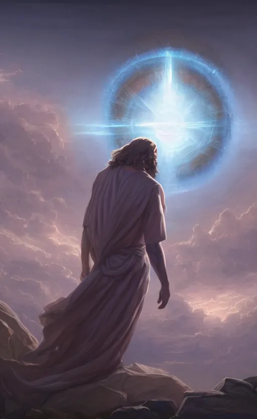 Image similar to jesus looking into a portal hopping and time warping with reckless abandon, masterpiece digital painting by Greg Rutkowski, Alex Grey, artstation, 4k wallpaper