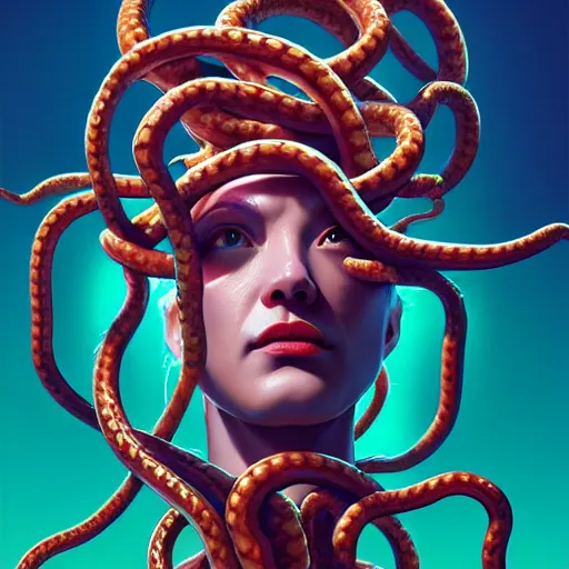 Image similar to medusa with sausages instead of snakes. no snakes. intricate abstract. intricate artwork. by tooth wu, wlop, beeple, dan mumford. trending on artstation, greg rutkowski very coherent symmetrical artwork. cinematic, hyper realism, high detail, octane render, 8 k, iridescent accents
