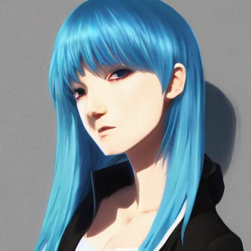 Prompt: profile shot of rimuru tempest, sky blue hair, straight hair, pretty, long bangs, amber eyes, all black jacket with white stripes, high collar, highly detailed, unreal engine 5, color block, digital painting, concept art, cinematic, wlop | artgerm, pixiv, greg rutkowski, ilya kuvshinov, andy warhol