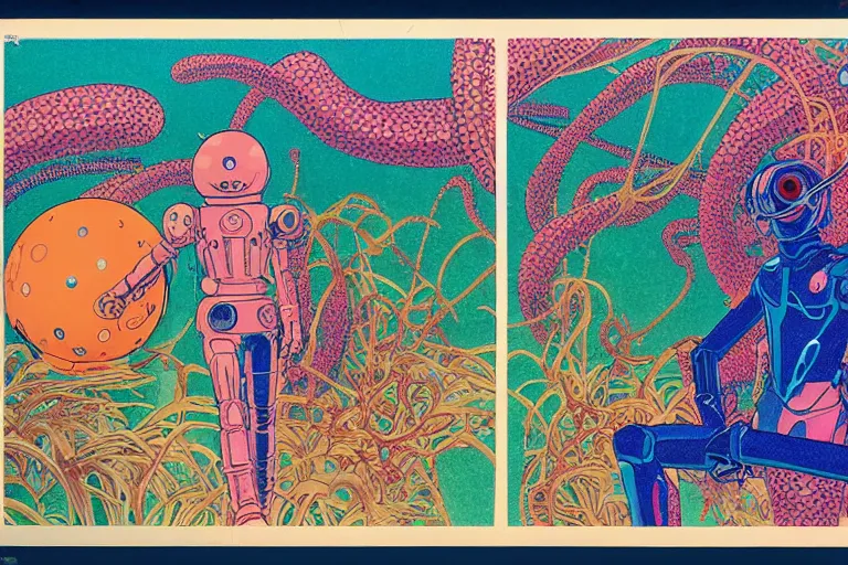 Image similar to risograph grainy drawing vintage sci - fi, satoshi kon color palette, gigantic gundam full - body covered with iridescent worms and plants 1 9 6 0, kodak, with lot tentacles and exotic flowers, natural colors, codex seraphinianus painting by moebius and satoshi kon and dirk dzimirsky