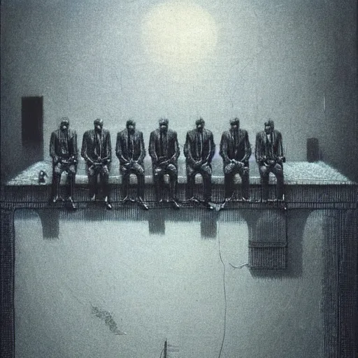 Image similar to Floating CRT monitors and business people by Beksinski