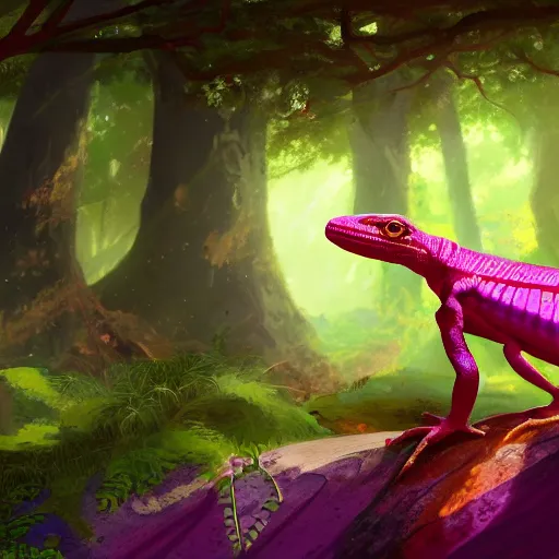 Image similar to concept art painting of an anthropomorphic lizard wearing magenta wizard robes, in the deep forest, realistic, detailed, cel shaded, in the style of makoto shinkai and greg rutkowski and james gurney