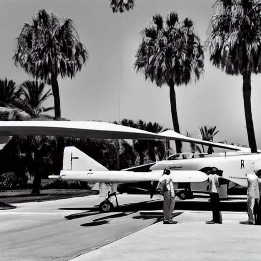 Prompt: 1986 US airforce base, chrome F4 Phantom, US pilots standing around, palm trees