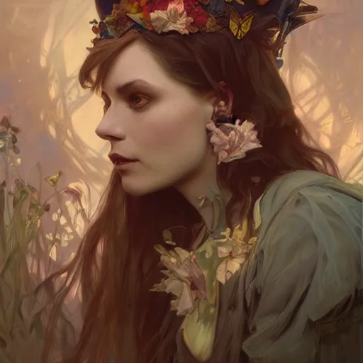 Image similar to portrait of alice in wonderland, dramatic lighting, high detail, painted, by greg rutkowski, painted by stanley artgerm, painted by alphonse mucha, trending on artstation