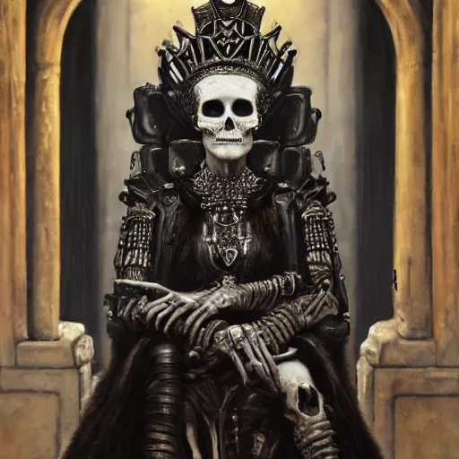 Image similar to queen of bones, sitting on a throne, detailed face, with a crown of skulls, skull earings ( blade runner, cyberpunk ) portrait by john william waterhouse and james gurney and theodore ralli and nasreddine dinet, oil on canvas. cinematic, hyper realism, realistic proportions, dramatic lighting, high detail 4 k