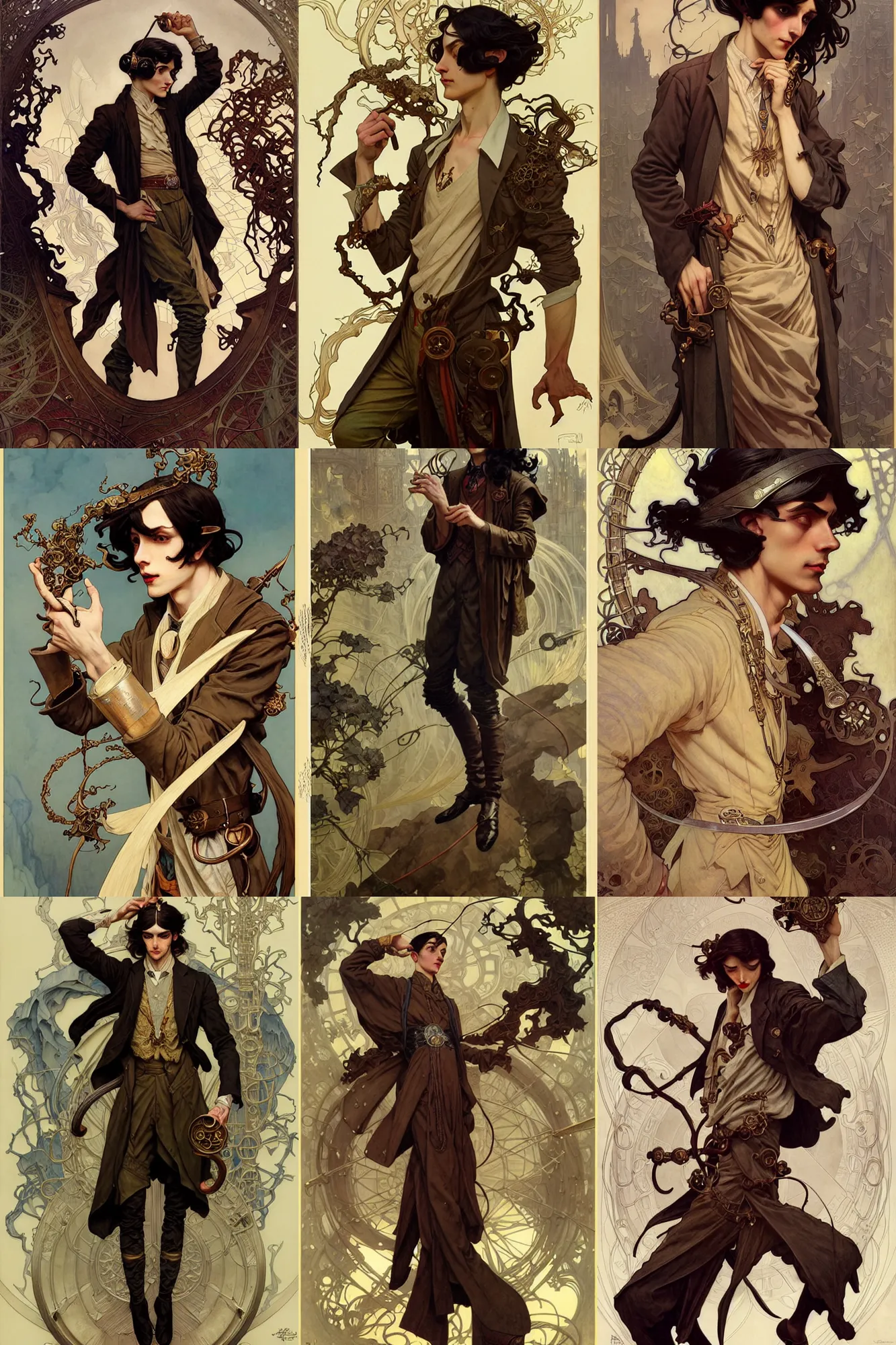 Prompt: thin young male alchemist, long dark hair, 1 9 2 0 s fashion, fantasy, highly detailed, intricate, smooth, art by joseph leyendecker, peter mohrbacher, ruan jia, marc simonetti, ayami kojima, cedric peyravernay, alphonse mucha