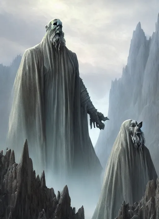 Image similar to the statues of argonath, epic fantasy horror digital matte painting by steve henderson and mark brooks ( and greg rutkowski ), extremely detailed, artstation