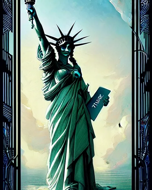 Image similar to Beautiful and playful ethereal lady liberty, art nouveau, fantasy , elegant, highly detailed, sharp focus, art by Artgerm and Greg Rutkowski and WLOP