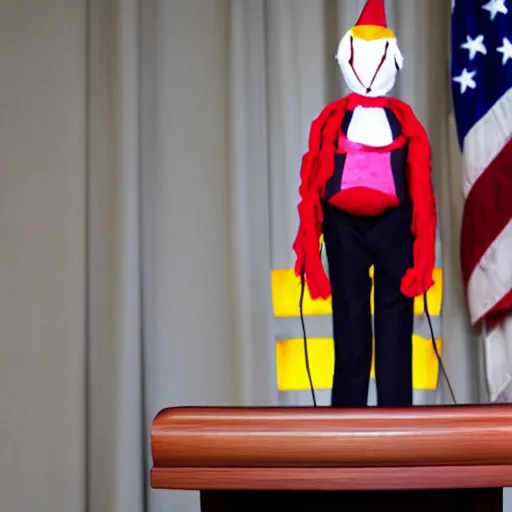 Image similar to string puppet of a president with clown makeup in a podium and a human shadow behind