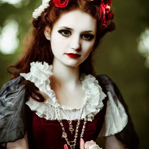 Image similar to A beautiful portrait of a lady vampire, victorian, '20, photography, 35mm, depth of field, bokeh, soft light, cinematic