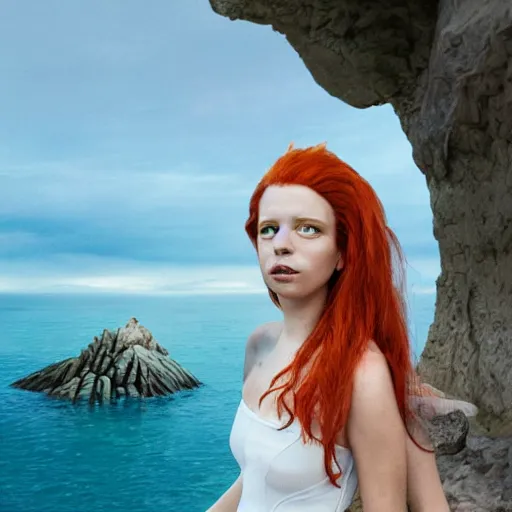 Image similar to a portrait of ariel the little mermaid with background scenery by juergen teller, iris van herpen