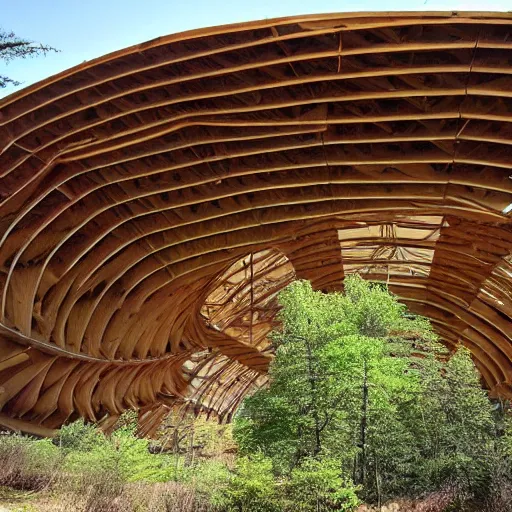 Prompt: timber megastructure in the middle of the forest