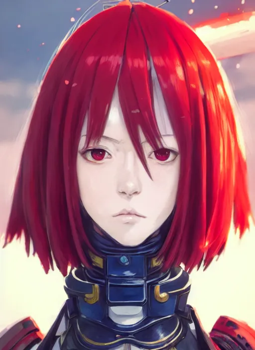 Image similar to portrait of Anime sister of battle, Warhammer 40000, cute-fine-face, red-short-hair pretty face, realistic shaded Perfect face, fine details. Anime. realistic shaded lighting by Ilya Kuvshinov katsuhiro otomo ghost-in-the-shell, magali villeneuve, artgerm, rutkowski, WLOP Jeremy Lipkin and Giuseppe Dangelico Pino and Michael Garmash and Rob Rey