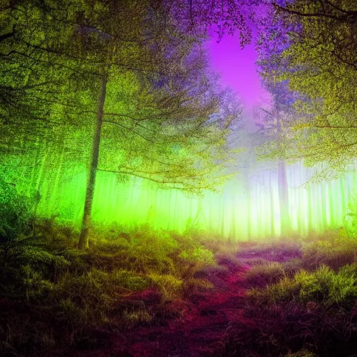 Prompt: a forest with glowing plants, magical, starts visible in the sky, wide shot, dramatic lighting