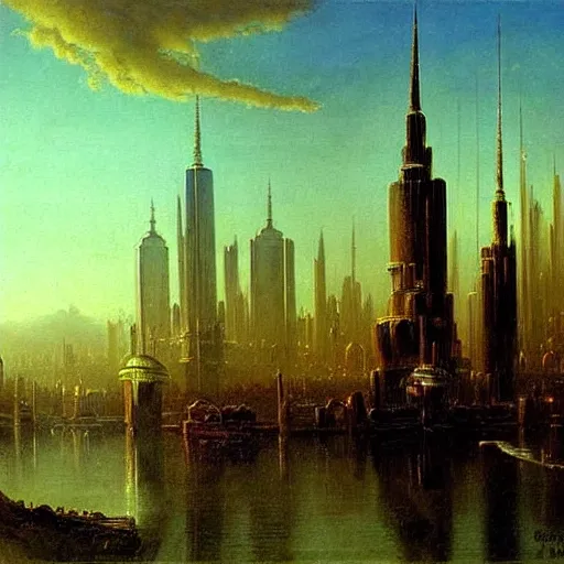 Prompt: a painting of a science fiction city filled with exotic market, tall towers inspired by tolkien, painted by bierstadt