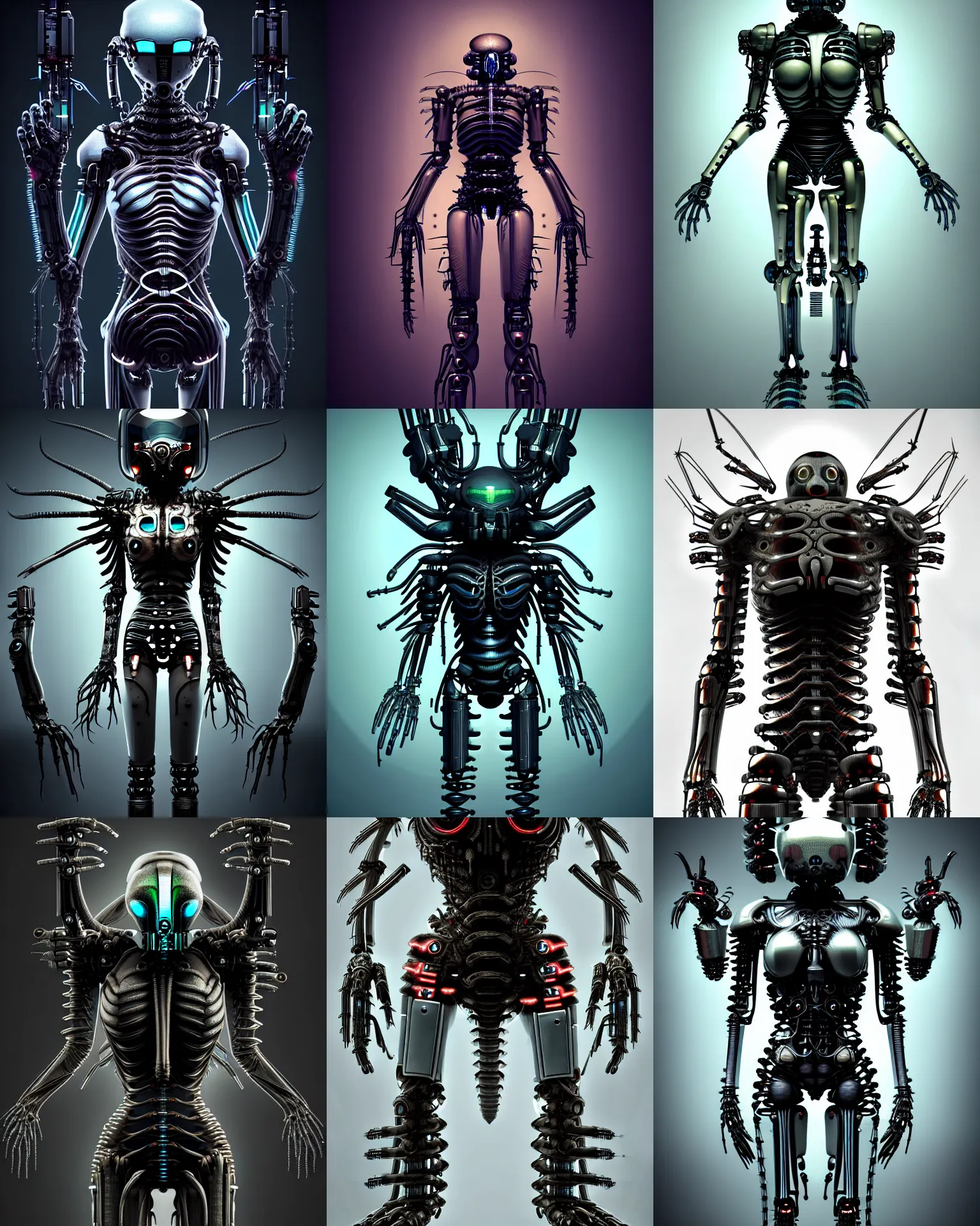 Prompt: symmetrical cute cybernetic character full body bio mechanical very cute holding a weapond integrated insect design hyper detailed, dark horror hard surface details, hyperrealistic, eldritch h. r giger style, scifi horror, dead space, rendering by octane, full color depth