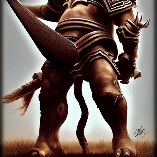 Image similar to Giant minotaur humanoid bull warrior with axe, tauren, concept art, paladin, hyperrealism, high details, digital painting, dark fantasy