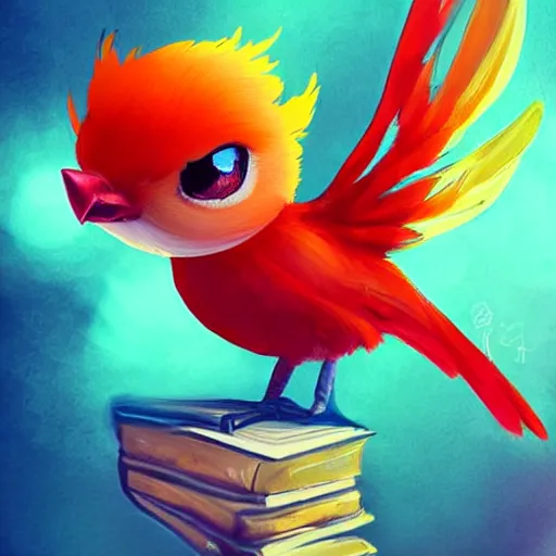 Prompt: cute fiery bird looking at a book. inquisitive, kawaii, cute, adorable, chibi, digital art, trending on artstation, stylized, colorful feathers, fiery bird, background = library, anime art by Aokamei and Ross Tran