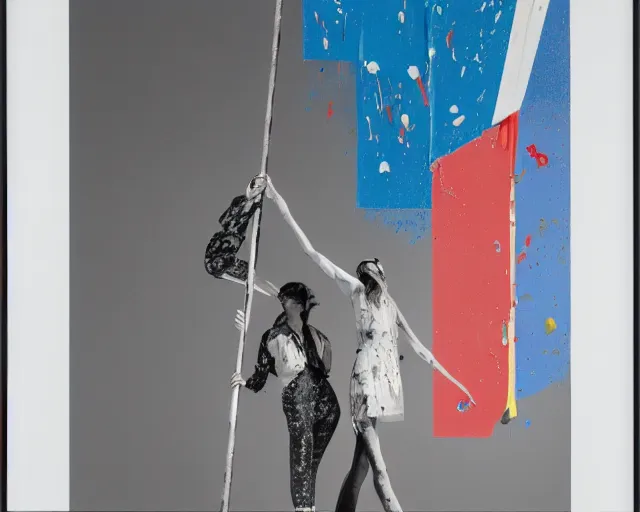 Image similar to two models hoist a flag up a pole in an abstract landscape by james jean and luc tuymans and beeple and hernan bas and pat steir and hilma af klint, psychological, 3 d, dripping paint, high quality render, masterpiece