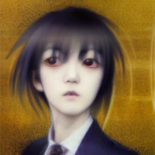 Image similar to yoshitaka amano blurred and dreamy realistic three quarter angle portrait of a young woman with short hair and black eyes wearing office suit with tie, junji ito abstract patterns in the background, satoshi kon anime, noisy film grain effect, highly detailed, renaissance oil painting, weird portrait angle, blurred lost edges