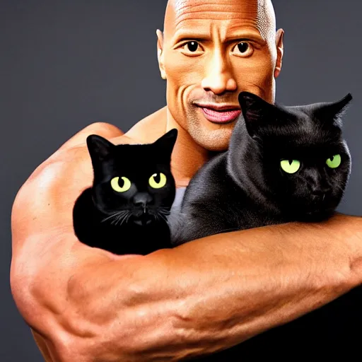 Image similar to dwayne johnson holding a black cat, studio lighting, promotional photograph