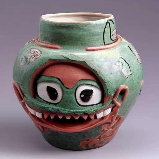 Image similar to vase work, Ancient vase art of mike wazowski in art style of chinese art, fragmented clay firing chinese vase with an mike wazowski in the style of ancient chinese art, ancient chinese art!!!!! chinese art