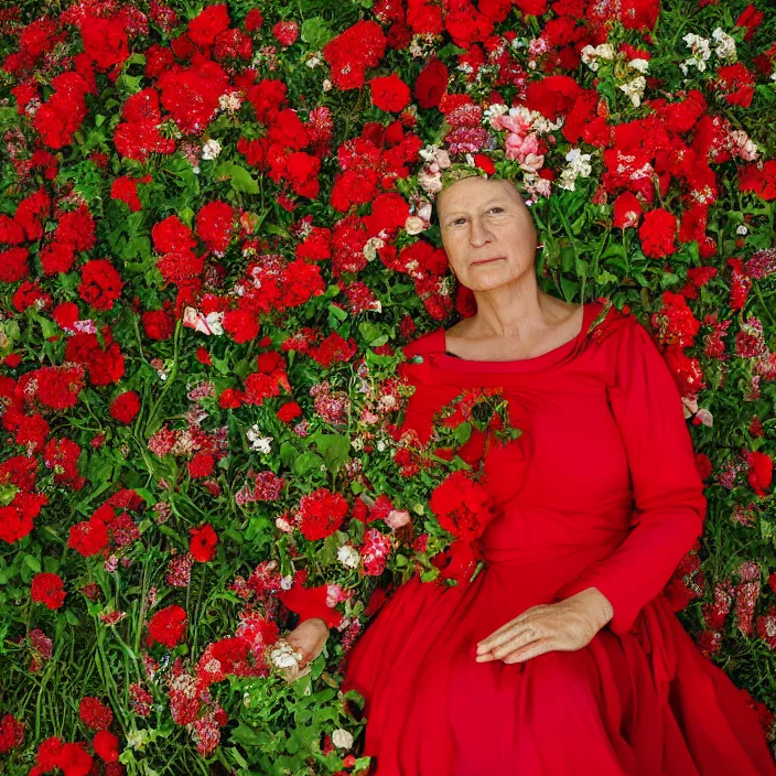 Image similar to closeup portrait of a woman in a red dress, sitting in a throne of flowers, by Annie Leibovitz and Steve McCurry, natural light, detailed face, CANON Eos C300, ƒ1.8, 35mm, 8K, medium-format print