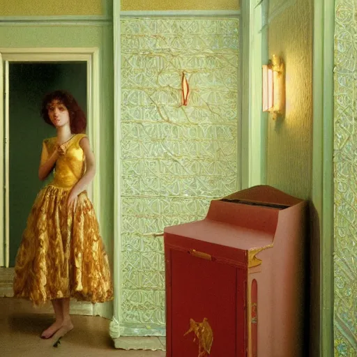 Image similar to a young ivory and golden filigree girl in an soviet liminal abandoned room, film still by wes anderson, depicted by balthus, limited color palette, very intricate, art nouveau, highly detailed, lights by hopper, soft pastel colors