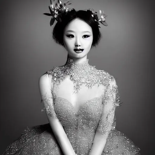 Image similar to “photo portrait the most beautiful alien girl in the world. I can’t believe how she’s beautiful. She is in gorgeous haut couture dress. Photography Portrait contest winner.”