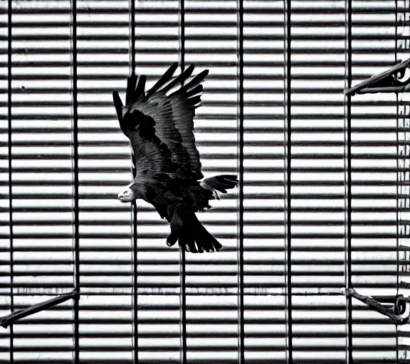 Prompt: Joachim Brohm photo of 'golden eagle perched behind jail bars', high contrast, high exposure photo, monochrome, DLSR, grainy, close up