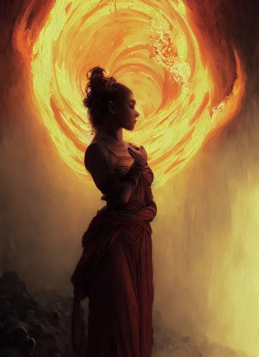 Image similar to Girl at a fashion show in hell, fire, lava, intricate, elegant, highly detailed, artstation, concept art, smooth, sharp focus, illustration, art by and greg rutkowski and orientalism and bouguereau and Zdzislaw Beksinski