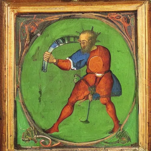 Image similar to a completely green man swinging a frying pan, medieval painting