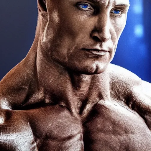 Prompt: a realistic detailed photo of a bodybuilder who is also a male android Vladimir Putin, shiny skin, posing robotically, blank stare