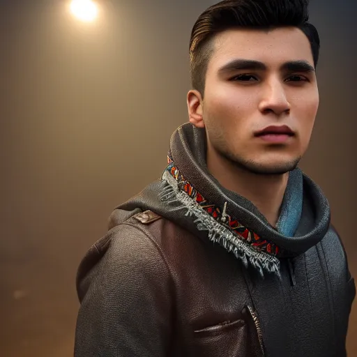 Image similar to portrait art of a good looking young Peruvian man with no facial hair, 8k ultra realistic, lens flare, atmosphere, glow, detailed,intricate, full of colour, cinematic lighting, trending on artstation, 4k, hyperrealistic, focused, extreme details,unreal engine 5, cinematic, masterpiece